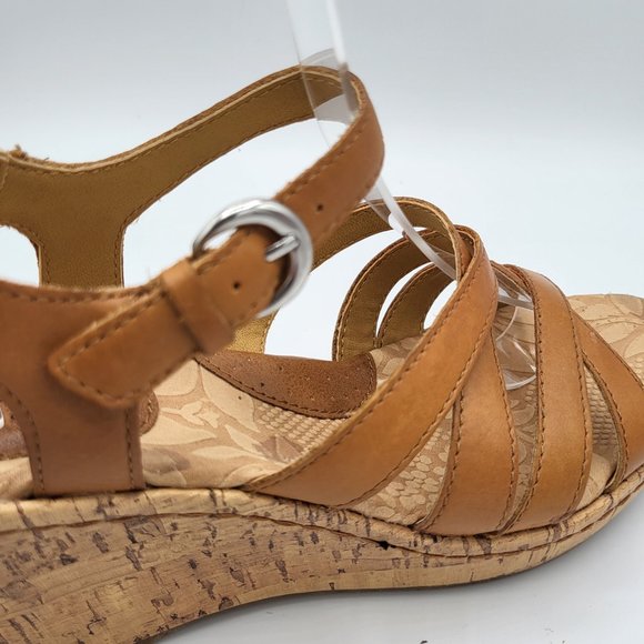 B.O.C. by Born Concept Cross Strap Tan Leather Cork Wedge Sandals SZ 6 - Picture 6 of 13